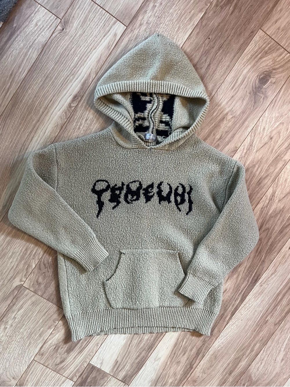 Men's Olive Green Hooded Knit Pullover Sweatshirt with Black Script
